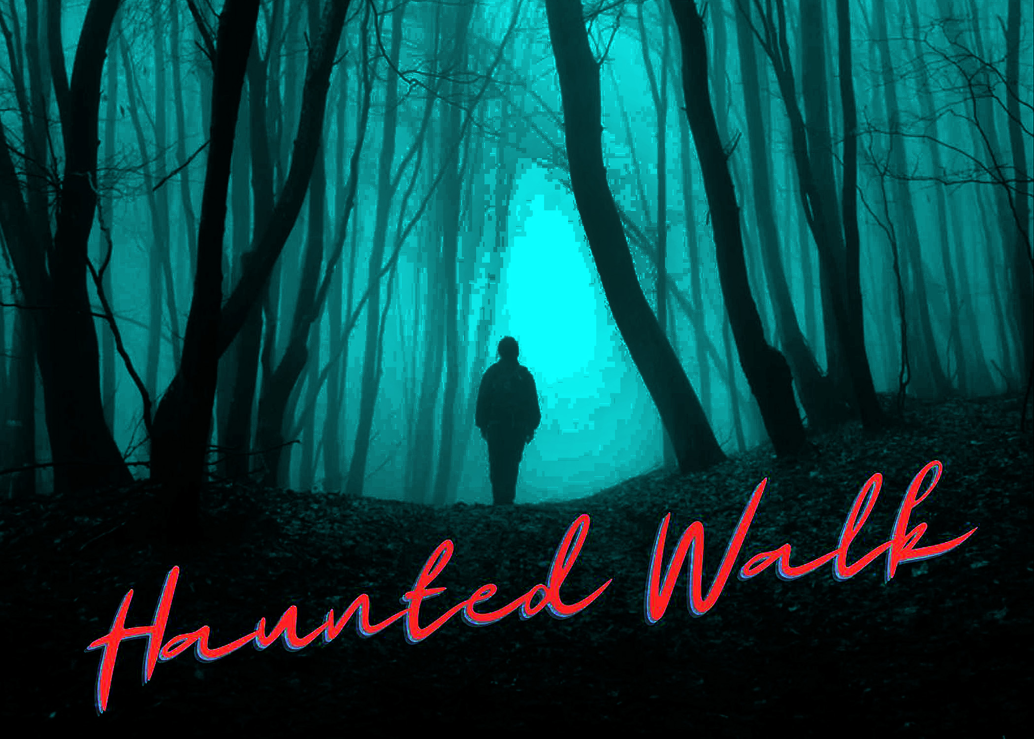 Shadowy figure walking in the haunted wood