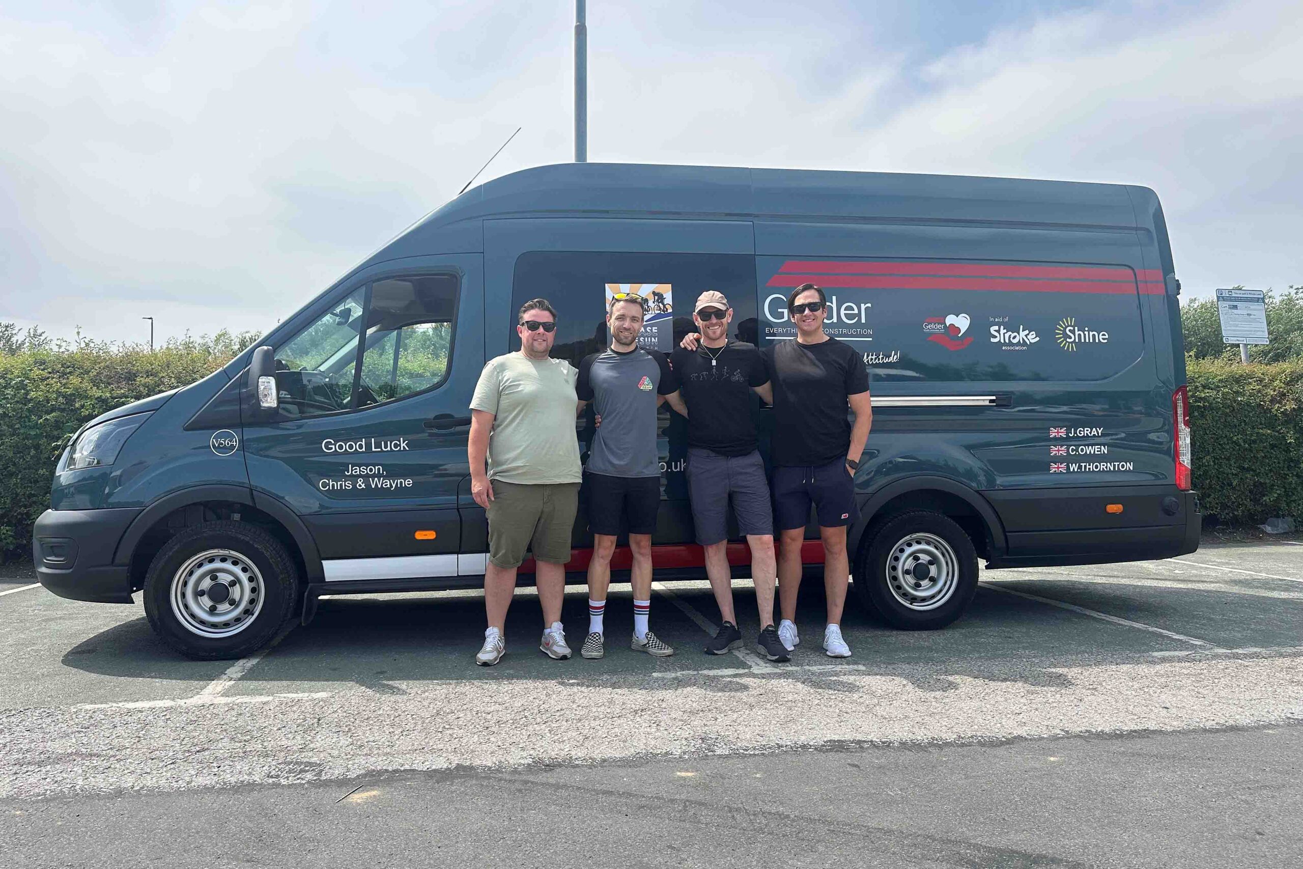 Ready to go: l-r: Gelder Group driver Joe Almond and three cyclists ready to do the Chase The Sun ride